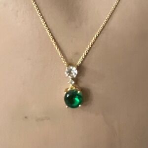 Vtg 925 Gold Plated Sterling Silver Vermeil Green Cubic Zirconia Necklace 18"FAS